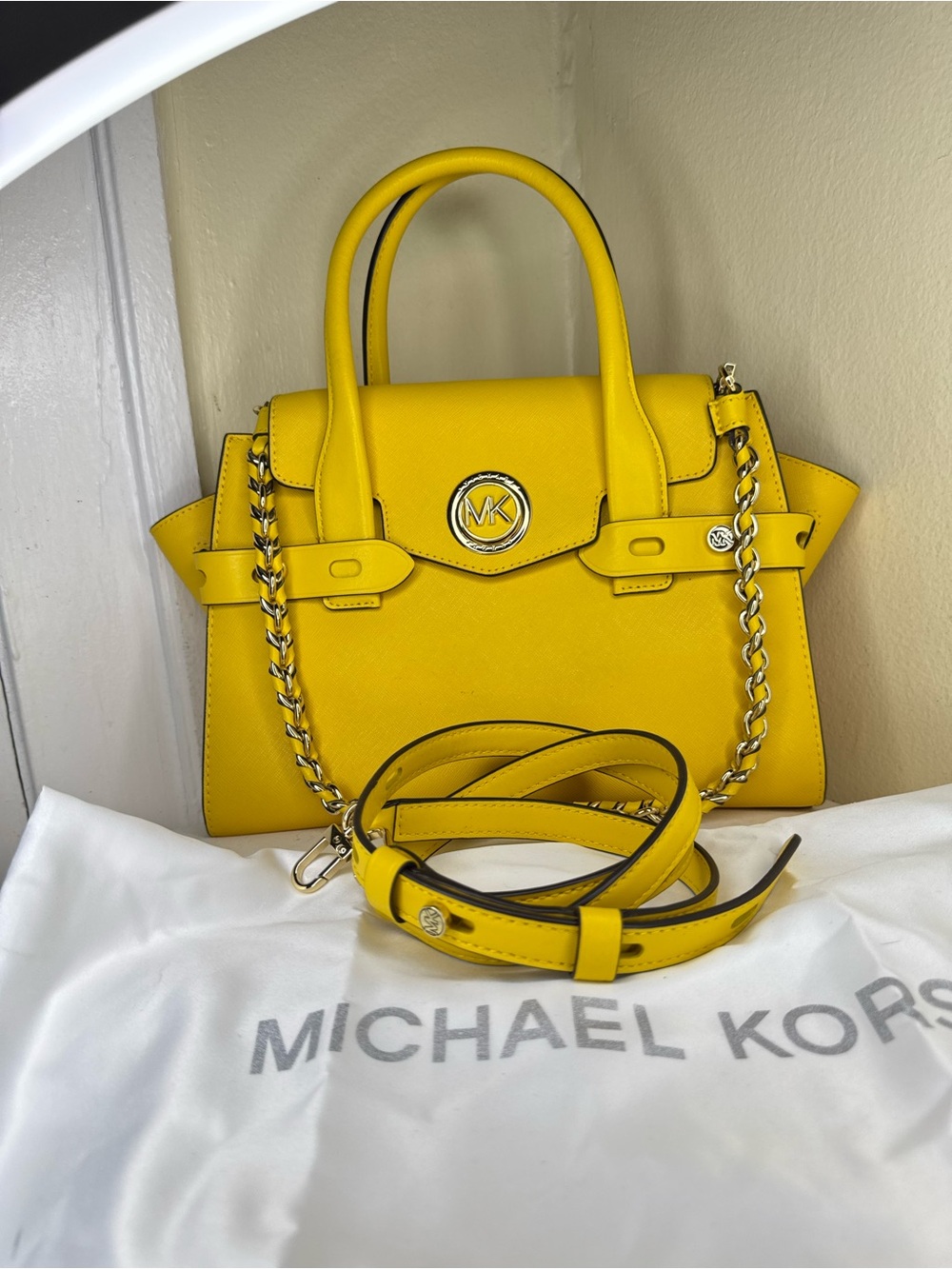 Michael Kors Carmen medium Yellow Leather Top Handle Satchel with Chain Strap